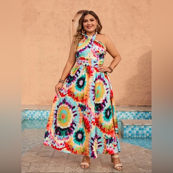 🌟Host Pick🌟NIP-Plus Size Tie Dye Print Cross Front Halter Dress - Picture 3 of 4